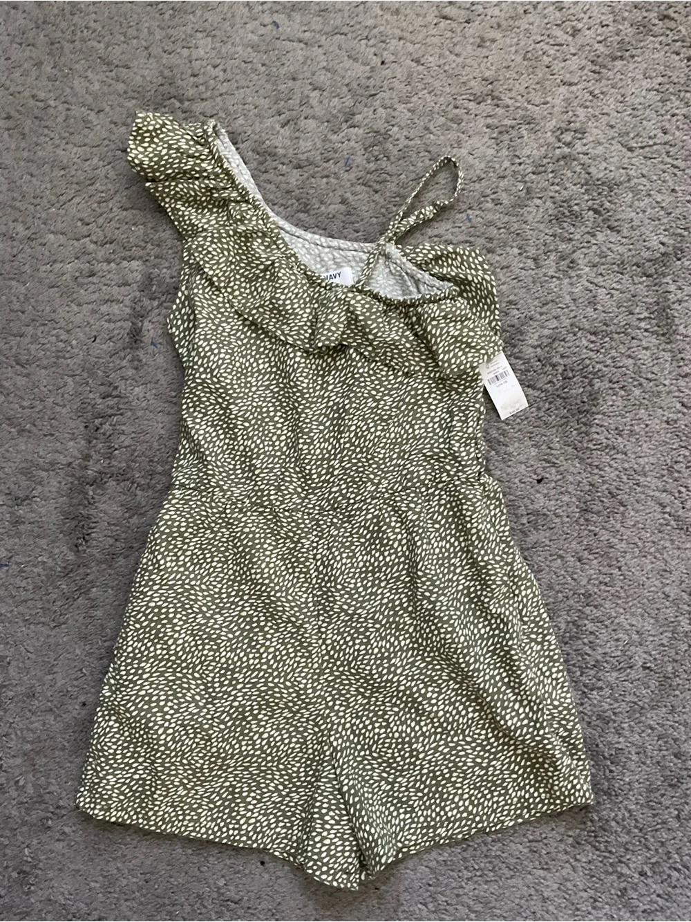Old Navy Olive Green and White One-Shoulder Ruffle Kids Romper